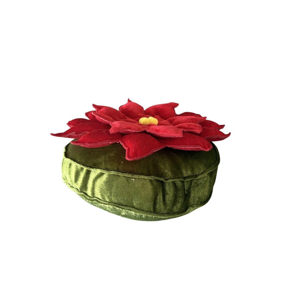 Vintage Christmas Accent toss pillow, red velvet holly on green satin 11” round